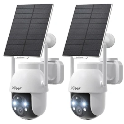 Image de ieGeek (2 Pièces 2K Camera Surveillance WiFi Exterieure sans Fil 360 PTZ Exterieur Solaire Vision Nocturne Couleur, Détection Humaine PIR, Audio Bidirectionnel, IP65, ZY C2
