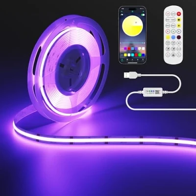 Image de OULARA USB RGB Ruban LED COB 5V 2m, 1200LEDs Couleur Changement Bande Lumière, Multicolore Flexible Light avec Bluetooth App Contrôle pour Télévision, Chambre à Coucher, Fête, DIY Décoration