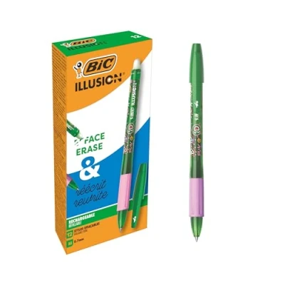Image de BIC Illusion Stylos Bille Effaçables et Rechargeables à Pointe Moyenne (0,7 mm) Vert, Boîte de 12