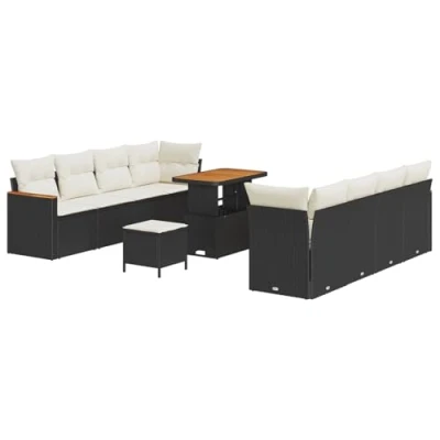 Image de Ensemble de Sofa Jardin vidaXL 11 Pièces avec Coussins Noir Rotin Synthétique Acacia, Salle à Manger 3365224