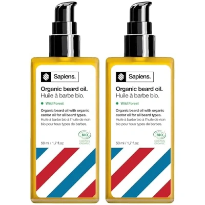 Image de Sapiens Barbershop Huile Barbe Homme Bio 50ml x2 Fabriquée en France de Ricin Certifiée Cosmos Organic Soin Hydrate et Favorise la Pousse