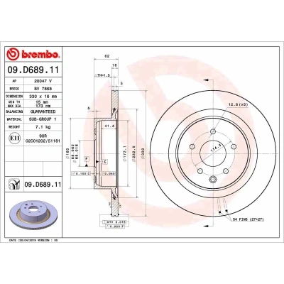 Image de BREMBO 09.D689.11 Disque de frein 330 16 5 ventilé l&#039;intérieur revêtu INFINITI: EX 3/5 portes, G Berline
