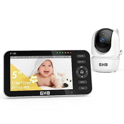 Image de GHB Babyphone Camera Video 5&quot; Bebe 720P HD 4000mAh 350 Rotation Supporte 4 Caméras Capteur de Température VOX Vision Nocturne