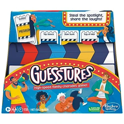 Image de Hasbro Gaming Guesstures jeu de charades pour 4 joueurs ou plus, comprend des cartes personnalisables et un clapper, fête famille à partir 8 ans
