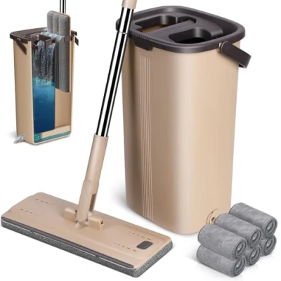 Image de MASTERTOP Balai Plat Microfibre et Seau Essoreur, Serpillère Rotative 360 de Système Auto Lavage pour Nettoyage Sol Humide &amp; Sec, avec 6 Tampons (Beige)