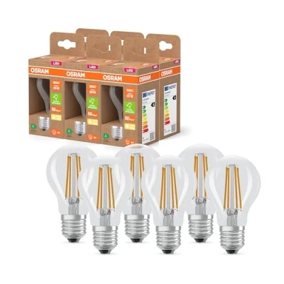 Image de OSRAM LED Classic Lampe mit Filament in klassischer Kolbenform, klarer Glasleuchtkörper, 3.8 W, E27 Fassung, EEK A, 806 lm für die Allgemeinbeleuchtung, 6 Pack, Blanc Chaud
