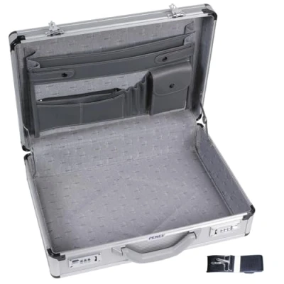 Image de Perel Attaché case pour ordinateur portable et documents A4, avec 2 serrures à combinaison, bandoulière coins renforcés, parfait un usage quotidien, robuste, en aluminium, gris, 460 x 335