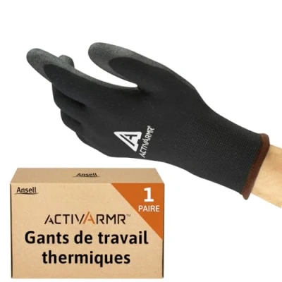 Image de Ansell ActivArmr 97 631, Gants thermiques anti froid, de protection résistants avec revêtement en PVC, chauffants pour la dextérité, Intérieur acrylique, travail petit, 1 paire