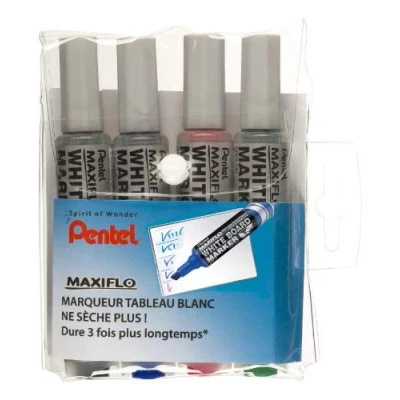 Image de Pentel Maxiflo MWL6 Pochette de 4 Marqueurs pour Tableau blanc Pointe biseautée large Noir/Bleu/Rouge/Vert