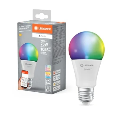 Image de LEDVANCE SMART+ Matter LED lampe, compatible avec Google, Alexa, Apple, White Frost Optics, 9.5W, 1055LM, E27, Couleur Lumière, Lumière blanche, Vocal Control, jusqu&#039;à 20 000 HRs de vie, 1 Pack