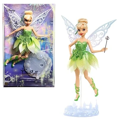 Image de Mattel Disney Poupée Articulée Fée Clochette Collector Disney100 Avec Ailes Pailletées, Socle Inclus, À Collectionner, Jouet Enfant, A Partir De 3 Ans, HLX67
