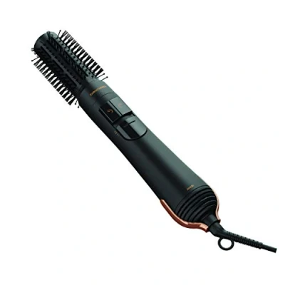 Image de GRUNDIG NaturaShine HS 7080 Brosse à friser thermique avec 2 niveaux de température et flux d&#039;air, fonction ionique, 1000 W, rotation gauche droite, 4 embouts coiffants Noir/or rose