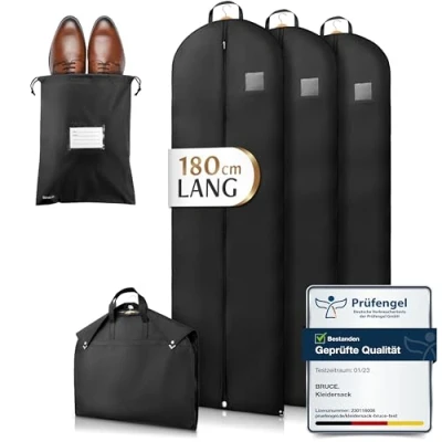 Image de Bruce.® 3x Premium Housse Vetements à Suspendre 180x60cm avec 1 Sac Chaussures, Pliable de Rangement Vetement Penderie and Voyage, Idéale comme Costume Homme, Robe Mariée