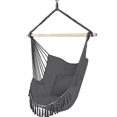 Image de VOUNOT Chaise Suspendue en Coton Doux avec 2 Coussins Siège Suspendu Balançoire pour Intérieur et Extérieur Hamac Portable à Franges Gris