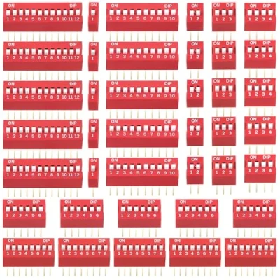 Image de Dip Switch Assortiment Kit, 1 2 3 4 6 8 10 12 Pin 2.54mm Double rangée Commutateur DIP, Rouge On Off Slide Type Switch, pour Circuit Planches à Pain Cartes de Test PCB, 40 Pièces