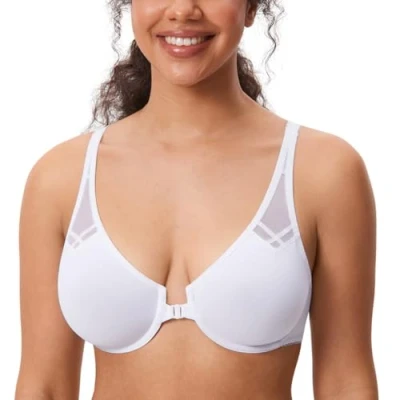 Image de DELIMIRA Femme Soutien Gorge Fermeture Devant Invisible Grande Taille avec Armature Decollete Plongeant Dos Nageur Blanc 100C
