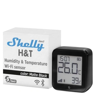 Image de Shelly H&amp;T Gen3 Noir Capteur de température et d&#039;humidité connecté Thermomètre &amp; Hygromètre intérieur/extérieur Wi Fi Bluetooth Compatible avec Alexa Google Home App iOS Android