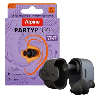 Image de Alpine PartyPlug Bouchons d&#039;Oreilles Concerts 19dB Nouveau et Amélioré Protection Auditive pour Festivals, Réutilisables Musique &amp; Raves, Son Haute Qualité 3 Tailles (Noir)