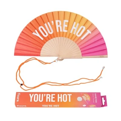 Image de Fisura Éventail en Bois Original avec Message “You are h*t. Accessoire Moderne et coloré, Ventilateur de Poche dégradé Rose Orange Attache Incluse. Dimensions : 42,5 x 23 cm