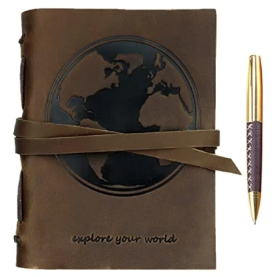 Image de Carnet de Notes Cuir Véritable Journal avec Motif Carte Du Monde En Relief A5 Voyage à La Main Vintage Écriture Notebook Pour Hommes &amp; Femmes Cahier Rustique 21x15cm + Stylo