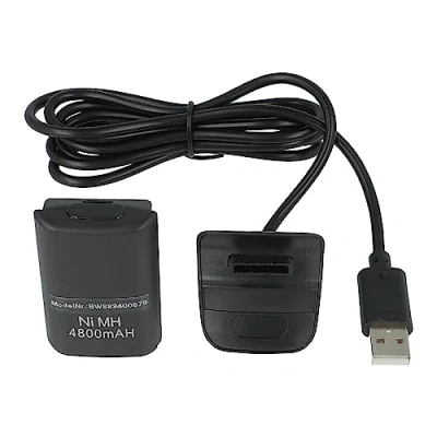 Image de vhbw Kit Play &amp; Charge Compatible avec Microsoft Xbox 360 Manette 1x câble d&#039;alimentation, Batterie, Blanc/Gris