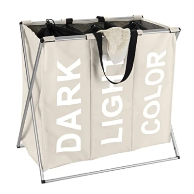 Image de WENKO Panier à lingeTrio Beige 3 compartiments linge Capacité: 130 l, Polyester, 63 x 57 38 cm,