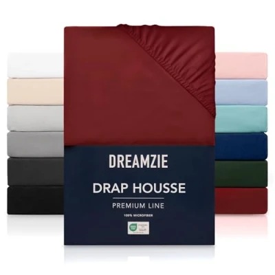 Image de Dreamzie Drap Housse 90x200 cmpour Matelas Épais jusqu&#039;à 33 cm 100% Polyester Microfibre Bordeaux Certifié sans Produits Chimiques (Oeko TEX), avec Élastique Complet