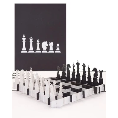 Image de carte pop up « Damier » d&#039;anniversaire 3D de félicitations d&#039;invitation à un tournoi d&#039;échecs, comme remerciement ou retraite.