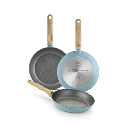 Image de Bra Nordik Ensemble de Poêles 18 22 26 cm en Aluminium Forgé avec Antiadhésif, Convient à Tous les Types Cuisines, Y Compris Induction, Turquoise