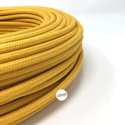 Image de câble Textile pour Lampe, en Tissu 2 Fils (2 x 0,75 mm2) Coton Jaune Senf. Fabriqué Italie (5 Metri)