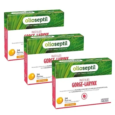 Image de OLIOSEPTIL Pastilles à Sucer Gorge Larynx Sans Sucres Ajoutés Extraits de Plantes, Vitamine C, Cuivre et Huiles Essentielles Apaise Assainit la Goût Miel Citron Lot 3