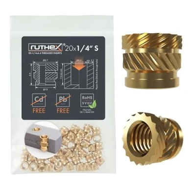 Image de ruthex Insert fileté 1/4&quot; SHORT (UNC) 20 douilles filetées RX x 6,4 en laiton Écrou d&#039;insertion stable Utilisable par chaleur dans les pièces d&#039;impression 3D plastique (filetage de