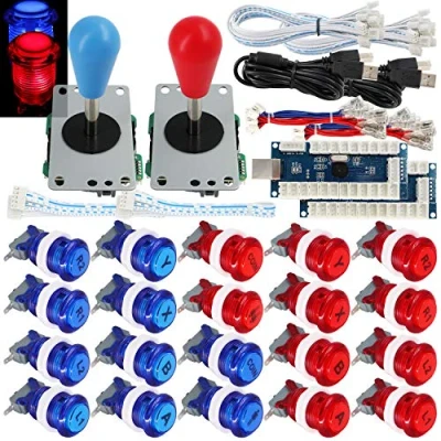 Image de SJ@JX 2 Player Arcade Game Stick DIY Kit Buttons with Logo LED 8 Way Joystick USB Encoder Cable Controller for PC MAME Raspberry Pi Red Blue