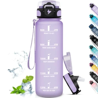 Image de Grsta Gourde 1l, Sport avec Paille, Graduée Slogan de Motivation, Motivation anti Fuite, Facile à Nettoyer, Adulte pour Running, Camping, Randonnée, Violet