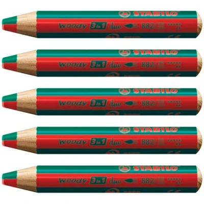 Image de Crayon de couleur STABILO woody 3in1 duo lot x 5 crayons couleurs à mine bicolore rouge+vert foncé