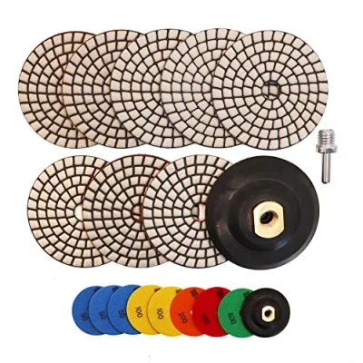 Image de HIGHDRIL Disque de Polissage Diamant 8PCS (#50x3/#100x2/#200/#400/#800) 100MM avec Support en Caoutchouc + Adaptateur M14 pour Granit Pierre Marbre Kit Perceuse Meuleuse Polisseuse