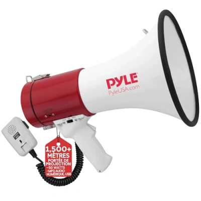 Image de Pyle Haut Parleur Mégaphone Portable Porte Voix Compact avec Sirène intégrée de 50 Watts Contrôle du Volume Réglable Idéal pour Les Fans Football/Baseball/Cheerleading