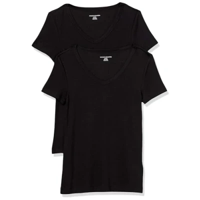 Image de Amazon Essentials T Shirt Col en v à Manches Courtes Coupe Ajustée Femme, Lot de 2, Noir, S