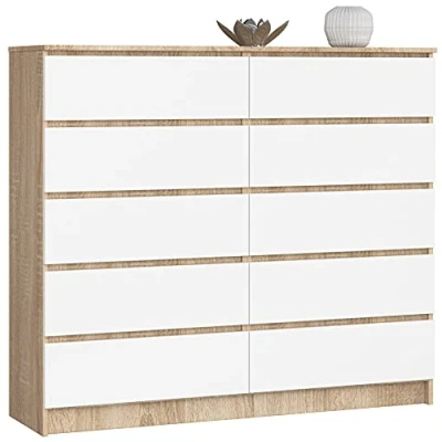 Image de AKORD Commode K 140 avec 10 (2 x 5) tiroirs Salon Rangement Meubles de L138 H121 P40 cm, Poids 75 kg Blanc/Blanc Brillant