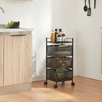 Image de [en.casa] Chariot de Service à 3 Niveaux Desserte roulettes avec Paniers Dépliables Meuble Rangement pour Cusine Salle Bain Bureau Acier 65 x 27 cm Noir