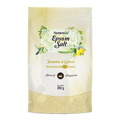 Image de Nortembio Sel d&#039;Epsom 850 g. de Bain avec Arôme Jasmin et Citron. Sulfate Magnésium Hydraté la Vitamin C E. Détente Musculaire, Aromathérapie Bon Sommeil. E Book Inclus.