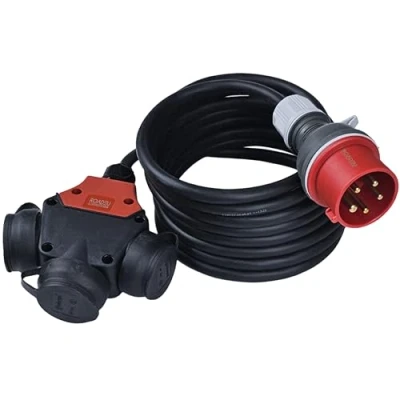 Image de RoadEu Rallonge Industrielle 5m Cordon Adaptateur Fiche d&#039;alimentation 16A 3P+N+E vers Triple Prise 2P+E 230V, Câble en Caoutchouc,