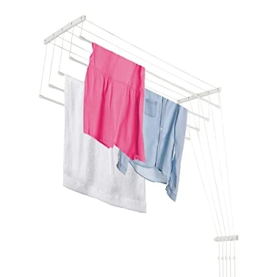 Image de KADAX Etendoir a Linge au Plafond avec Tiges en Acier, Pratique Systeme de Sechage Suspended pour Maximiser l&#039;espace Interieur (Blanc, 5 x 120 cm)