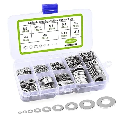 Image de Lot de 684 rondelles plates en acier inoxydable avec boîte rangement. 9 tailles différentes (M2 M2.5 M3 M4 M5 M6 M8 M10 M12)