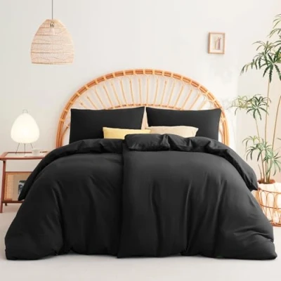 Image de WAVVE Parure de lit, 4 pièces, en Microfibre Douce, avec Housse Couette 135 x 200 cm et taies d&#039;oreiller 40 80 cm, Fermeture éclair, Noir