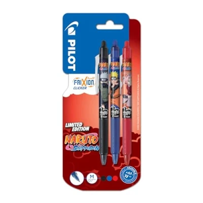 Image de PILOT x Naruto Lot de 3 FriXion Ball Clicker Stylos effaçables et rétractables Édition limitée Shipudden rollers rechargeables Noir, Bleu, Rouge Pointe moyenne