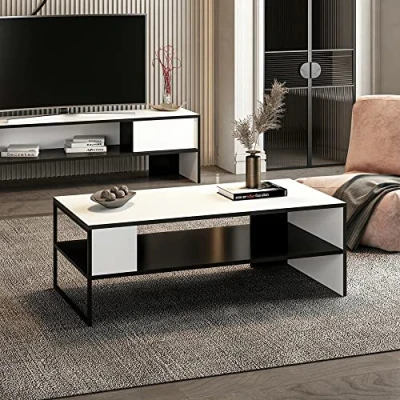 Image de [en.casa] Table Basse Rectangulaire avec Surface de Rangement Meuble Salon Design Panneau Particules Métal 42 x 120 60 cm Noir Blanc