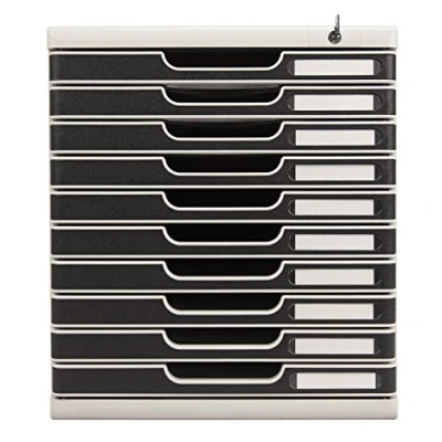 Image de Exacompta Réf. 332014D MODULO A4 Caisson 10 tiroirs avec fermeture à clé pour documents A4+ Dimensions extérieures : Profondeur 35 x largeur 28,8 Hauteur 32 cm Gris lumière/noir