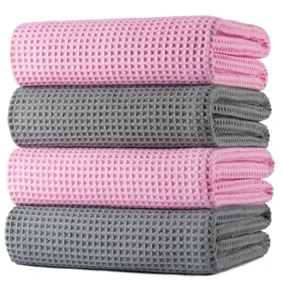 Image de POLYTE Lot de 4 serviettes bain surdimensionnées en microfibre, à séchage rapide, non pelucheuses, 152 x 76 cm (gris, rose, tissage gaufré)