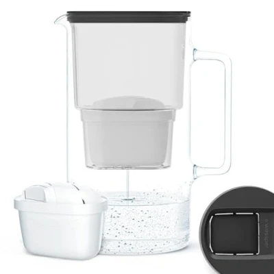 Image de Wessper Carafe en verre avec 1 filtre à Eau (compatible Brita Maxtra), filtrée grand goût et pureté, 3 Litres, Noir